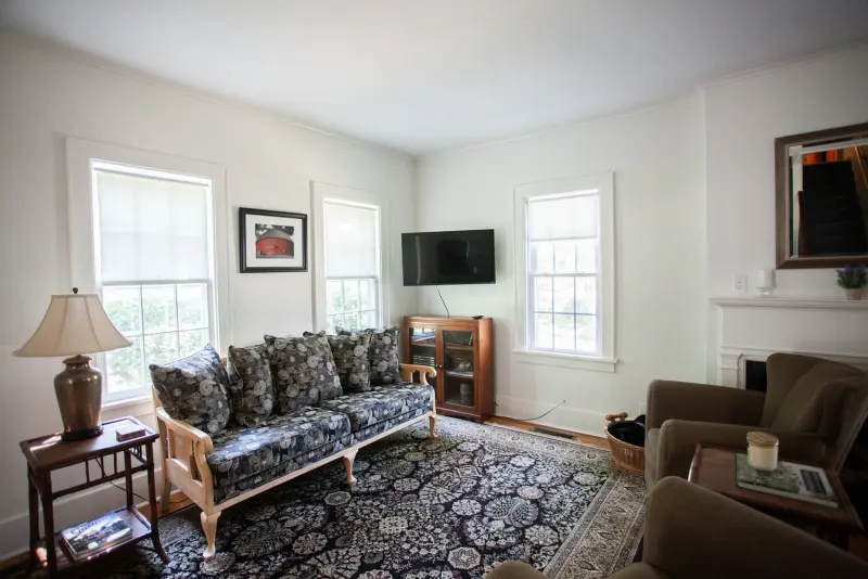 Sitting area with a patterned sofa, a TV and armchairs